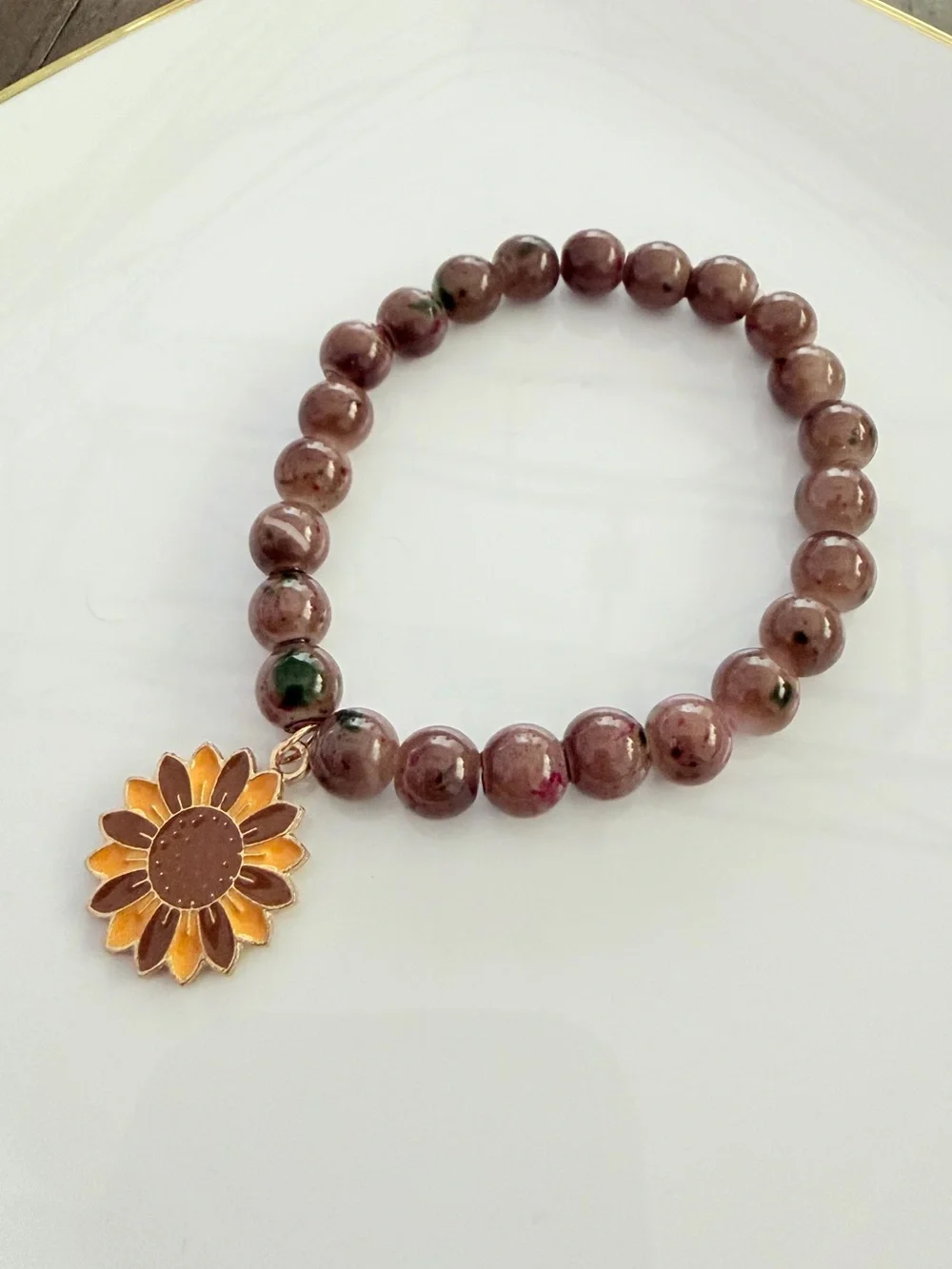 Brown Beaded Bracelet with Gold Sunflower Charm Floral Fall Jewelry